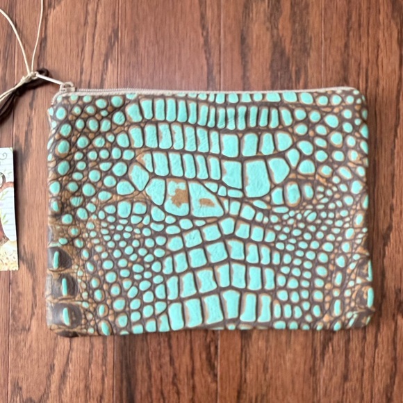 Keep It Gypsy Handbags - Keep It Gypsy Turquoise and Brown Croc-Embossed Zip Clutch Bag NWT